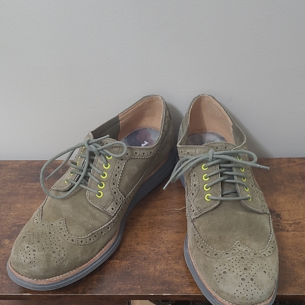 Cole Haan LUNARGRAND Olive Green Suede Wingtip Oxfords size 11.5